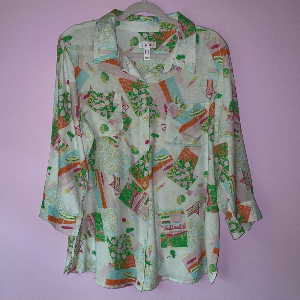 d&co Blouse L Linen Blend Colorful Pineapple Beach Print Button Collar